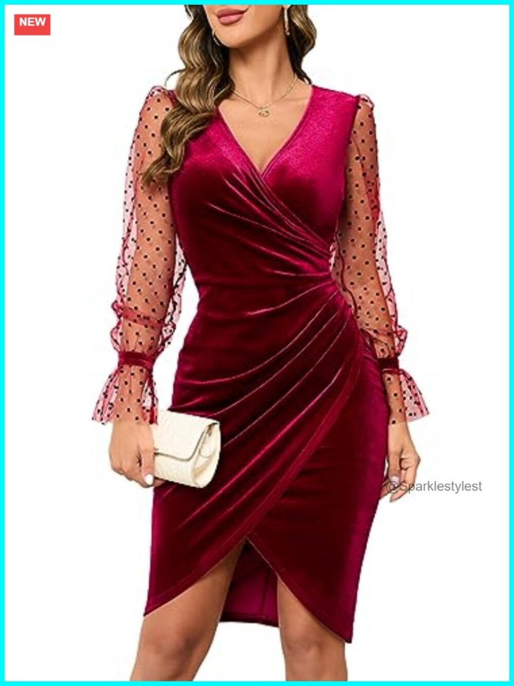 Women's Sexy V Neck Long Sheer Sleeve Velvet Faux Wrap Ruched Sheath Bodycon